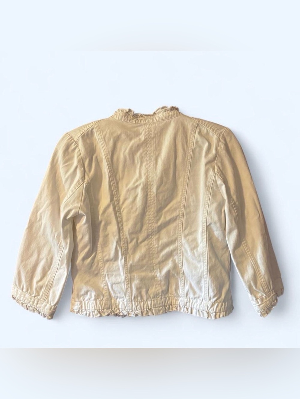 Sandro 100% Cotton Denim Jacket Sz Small White Ruffle Crop 3/4 Sleeve Structured - Picture 2 of 4